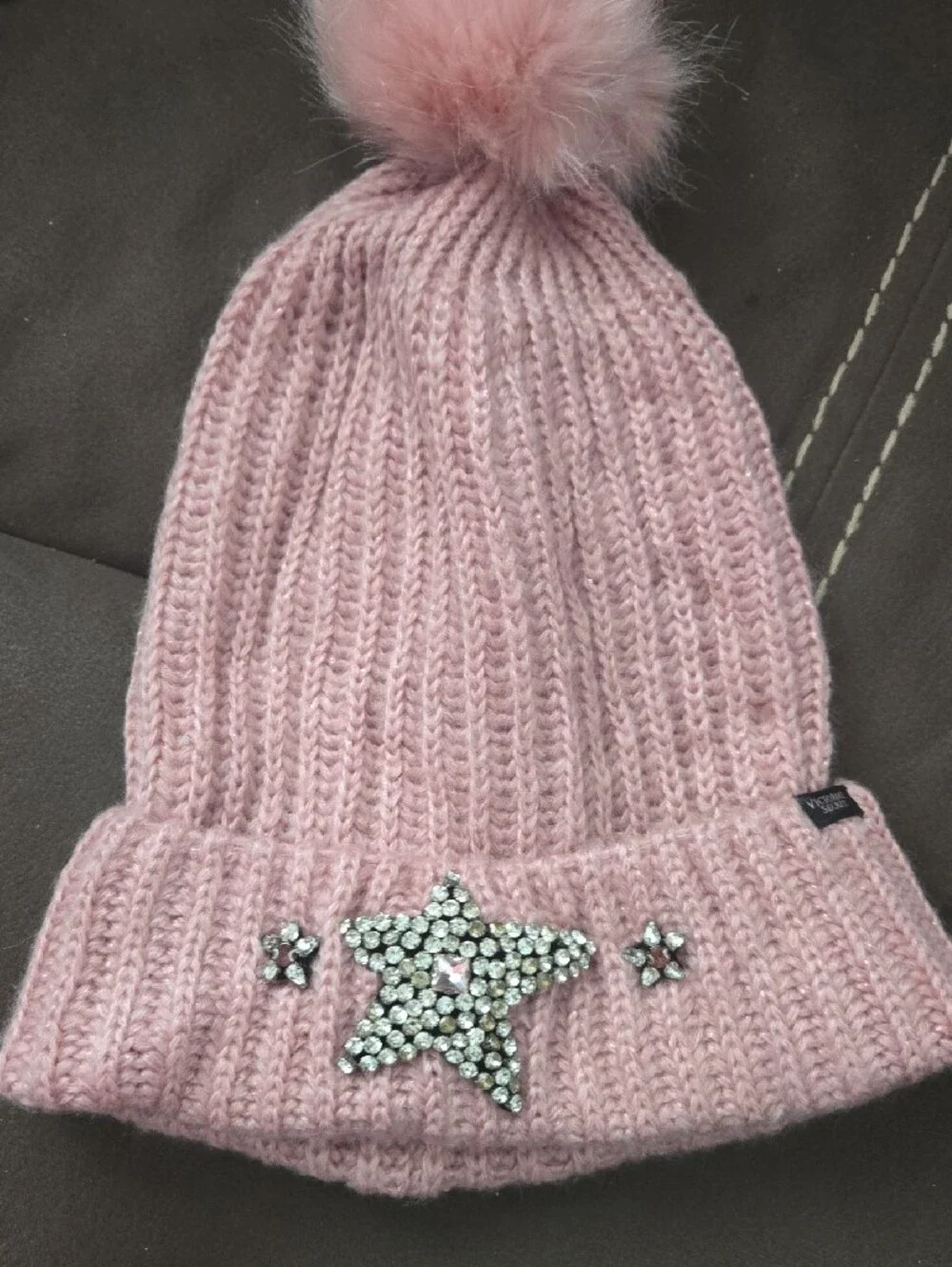 Victoria's Secret Kids Pink Ribbed Beanie with Rhinestone Star Accents